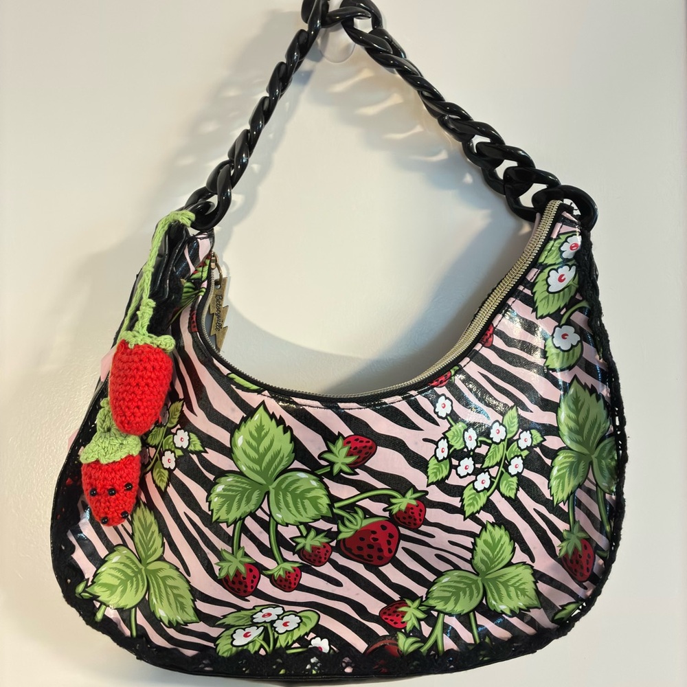 Betsey Johnson Betseyville Pink and Black Strawberry Shoulder Bag